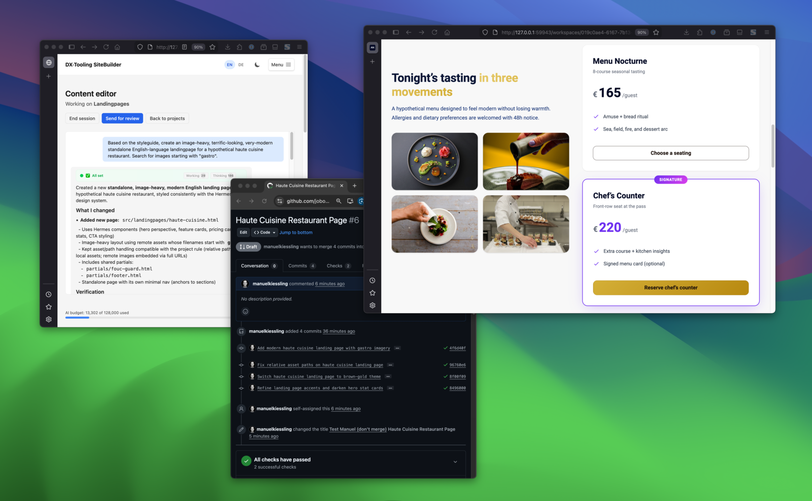 SiteBuilder: content editor, landing page result, and GitHub PR for the changes.