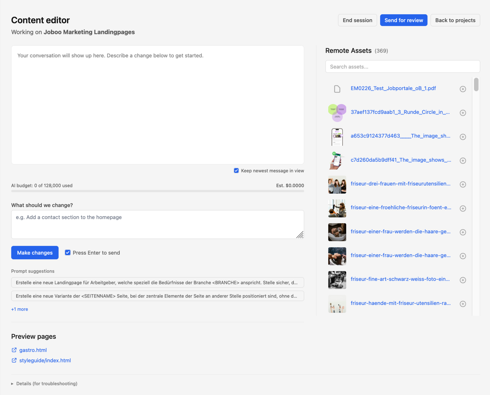 SiteBuilder Content editor with EN/DE language switcher and prompt suggestions